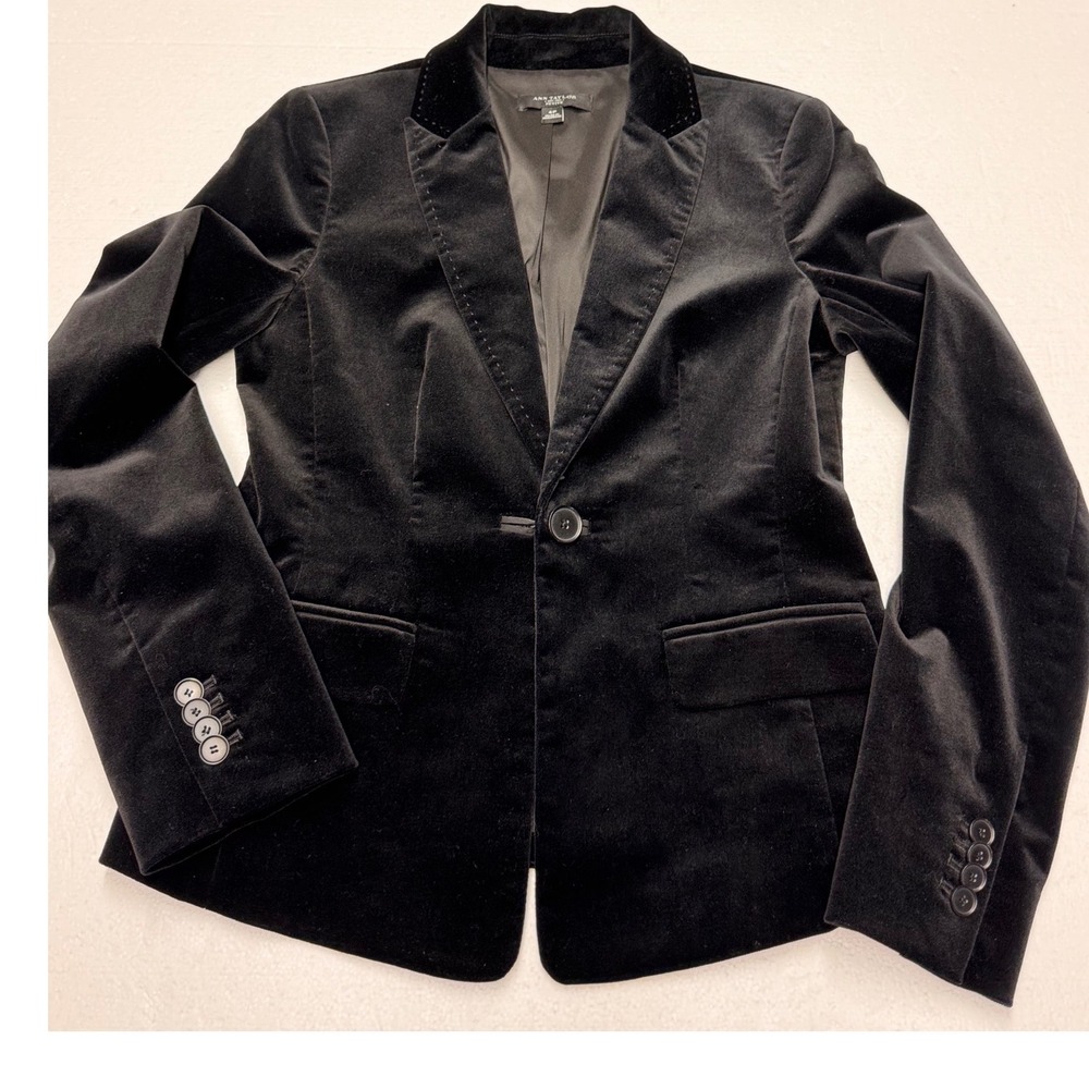 Ann Taylor Petite Black Velvet Blazer Jacket Size 4P Single Button Cotton Blend